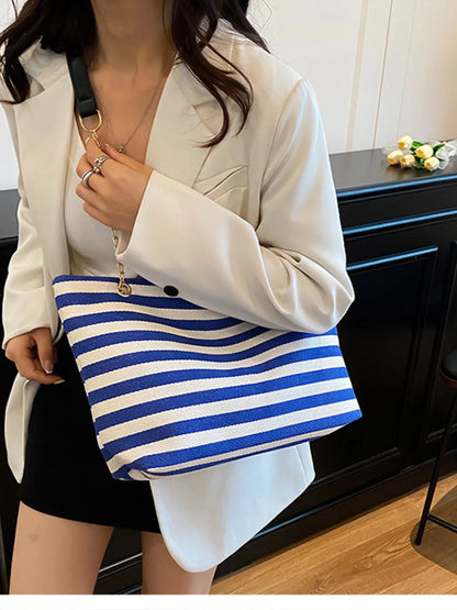 Striped Shoulder Bag with Chain Detail Blue One Size - Fashorio
