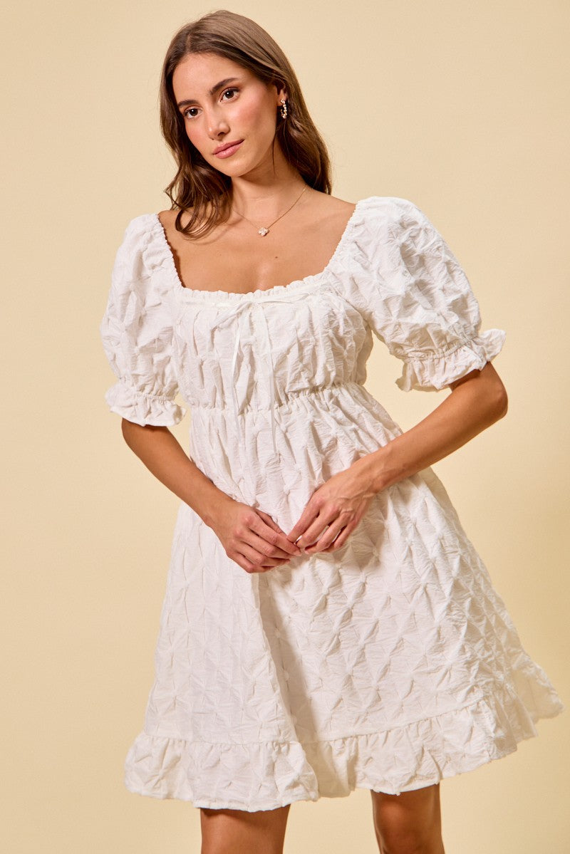 Textured Ruched Bust Mini Dress in Off White styled look