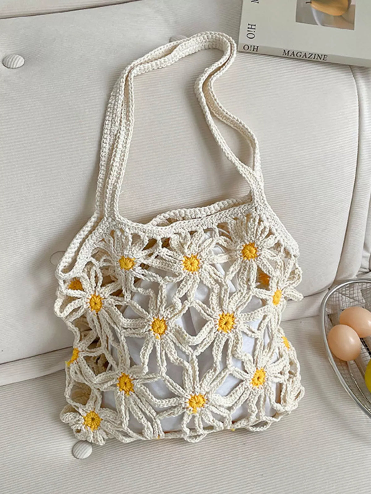 Interior of white crochet bag