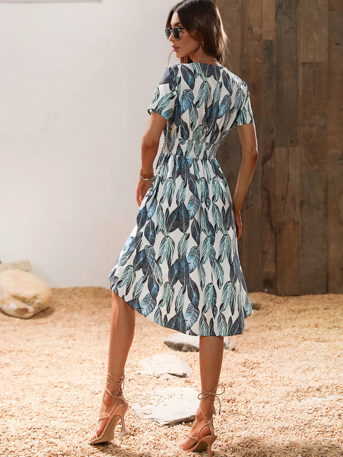 Printed short sleeve smocked midi dress back view
