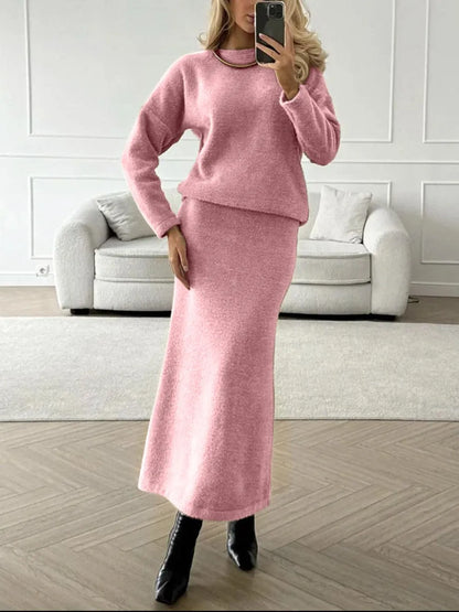 Round Neck Dropped Shoulder Top and Midi Skirt Sweater Set - Fashorio