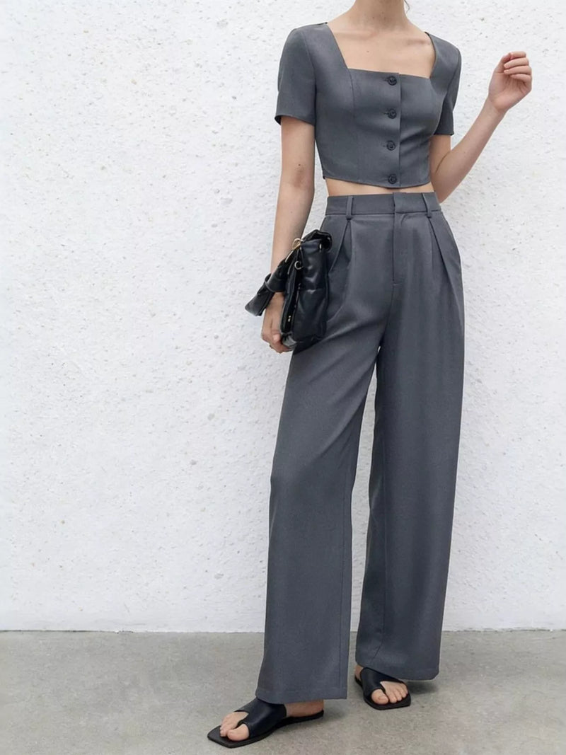 Square neck crop top and wide leg pants set front