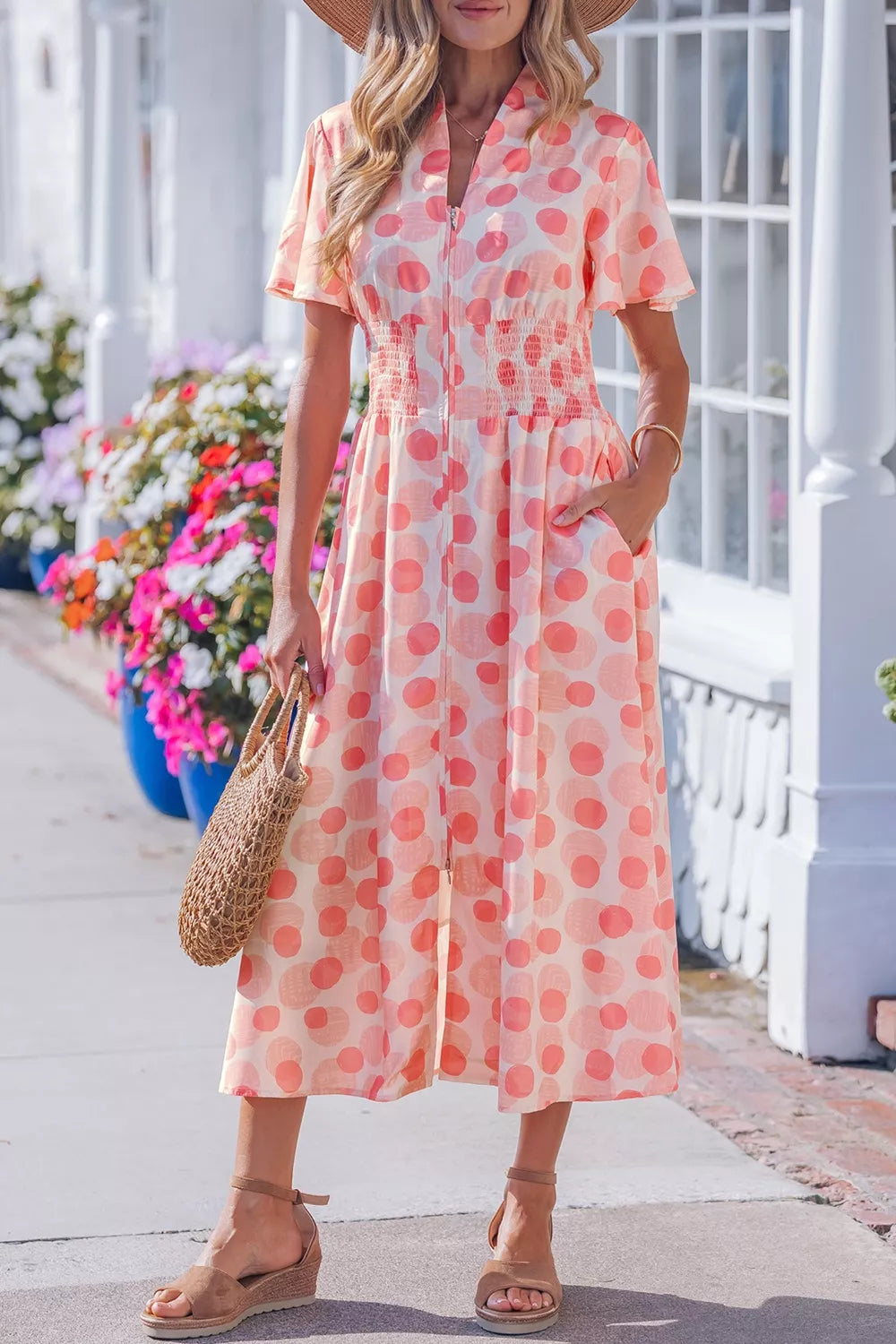 Polka dot puff sleeve midi dress, front view