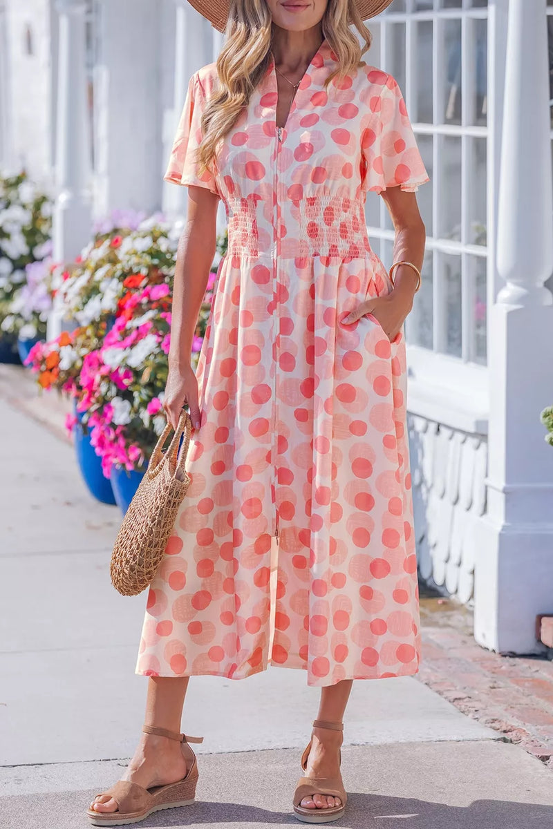 Polka dot puff sleeve midi dress, front view