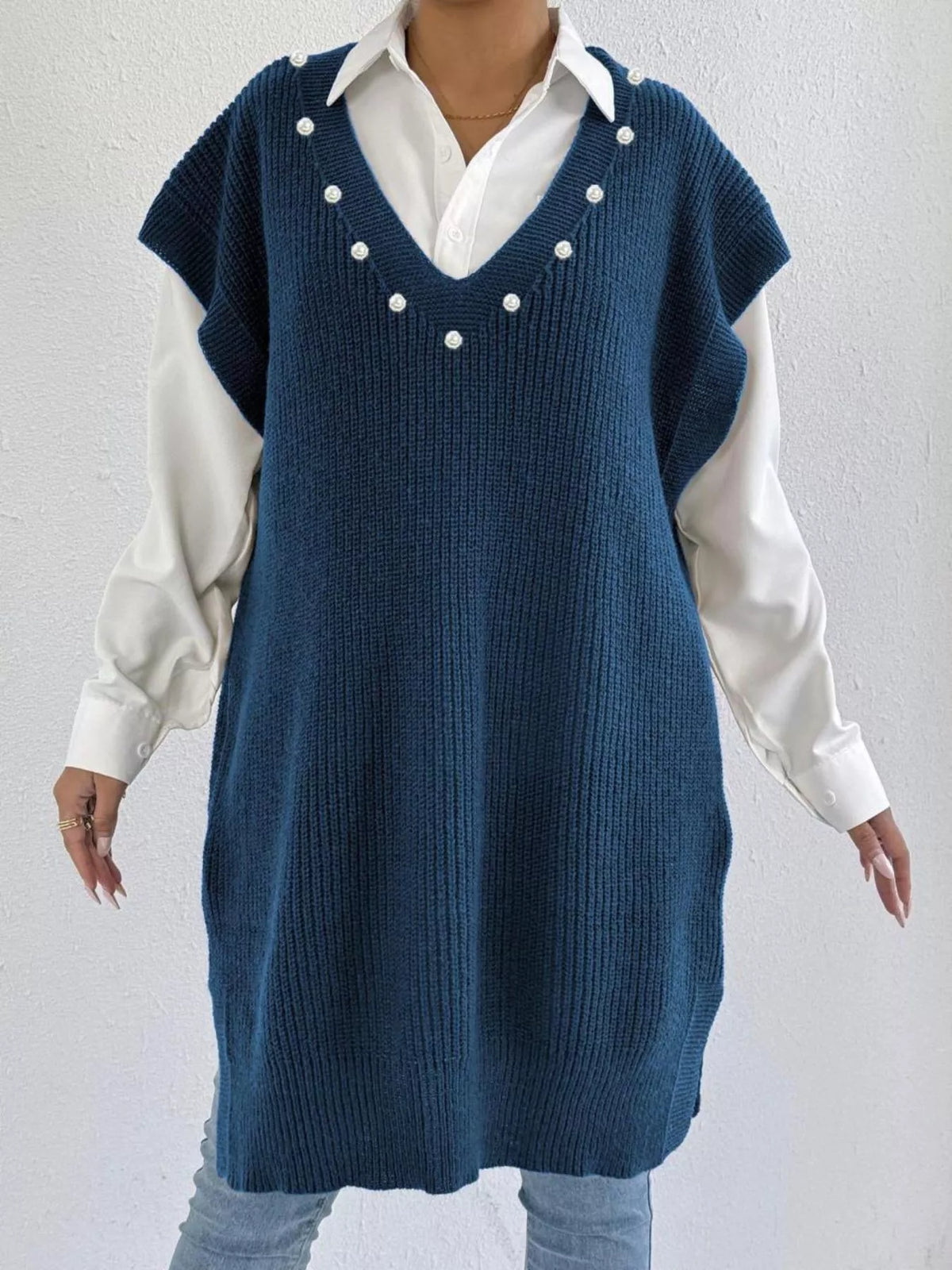 slit v neck sweater dress full length view