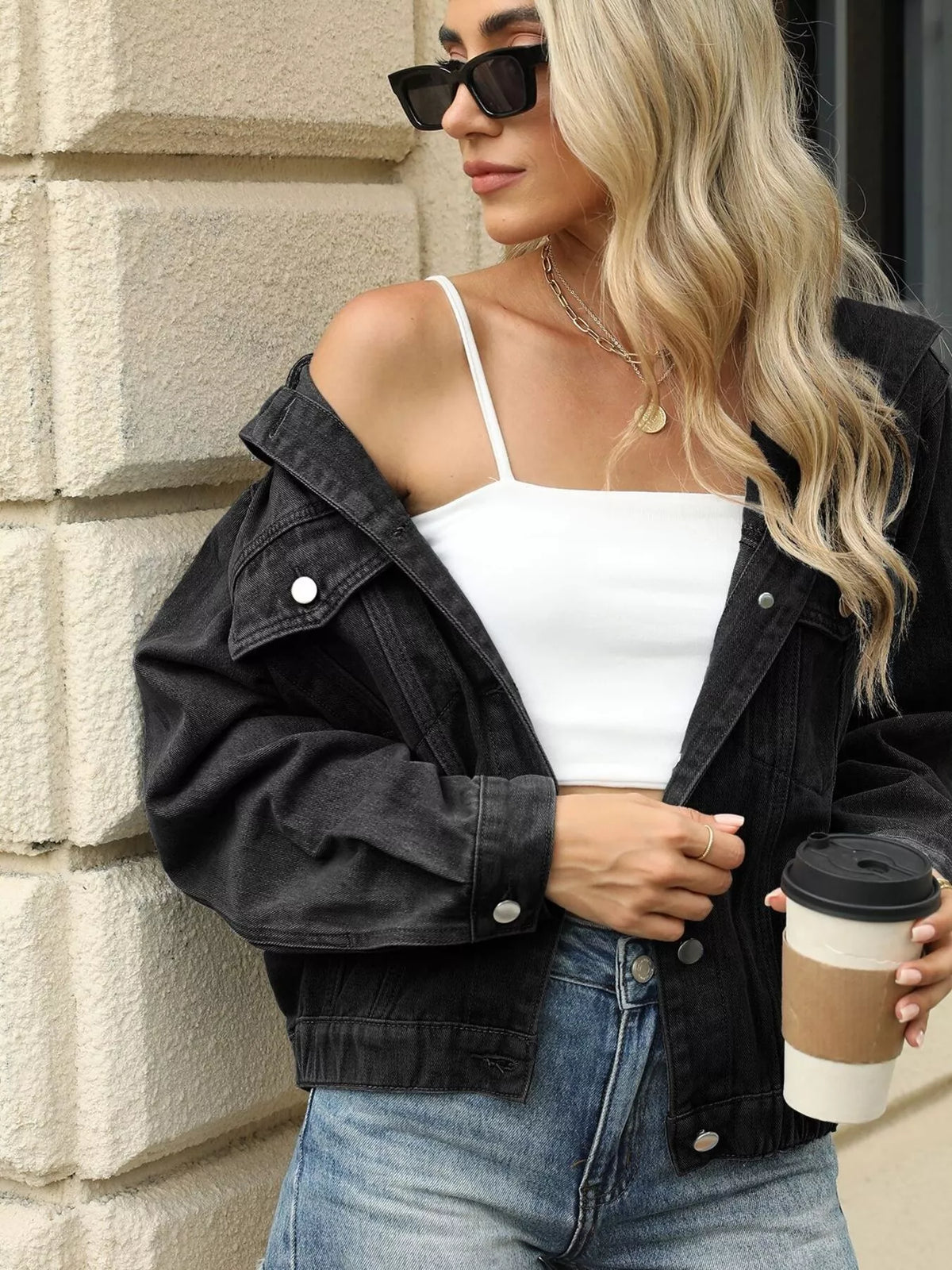 Washed Hooded Denim Jacket in Black styled look
