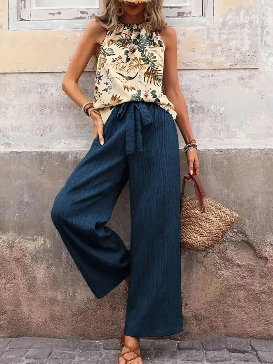 Printed Tank Top and Wide Leg Pants Set - Fashorio