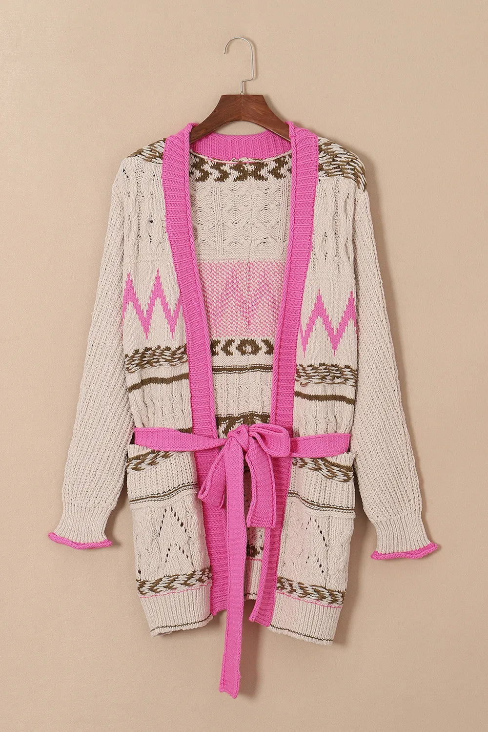 Contrast Tied Open Front Cardigan - Fashorio