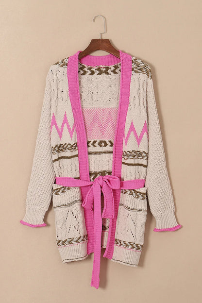 Contrast Tied Open Front Cardigan - Fashorio