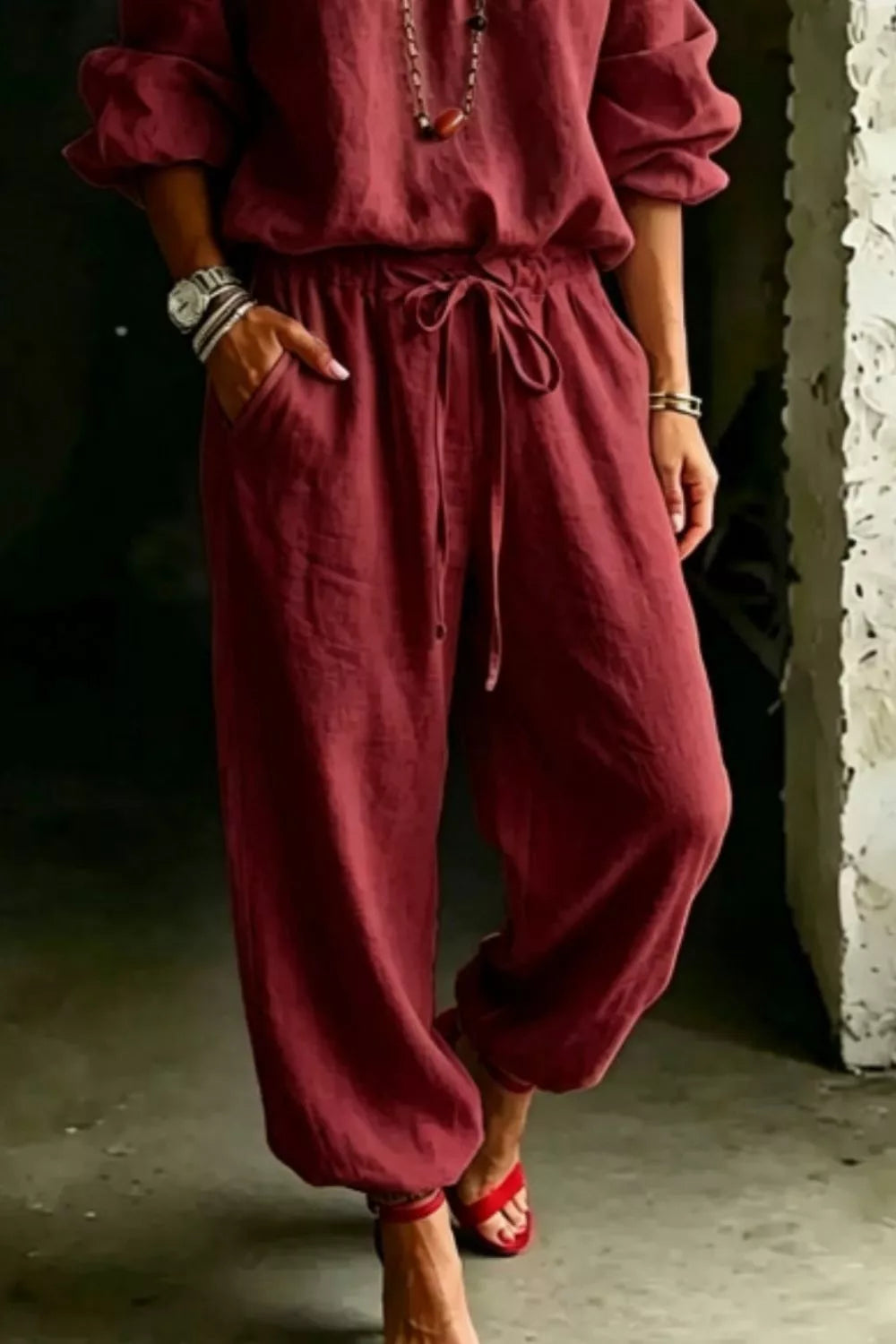 Off shoulder top and pants set side view