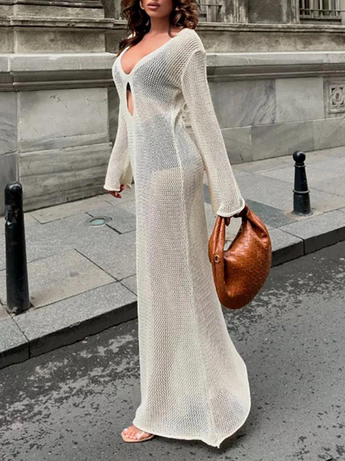Cutout knit cover up maxi dress, hem detail