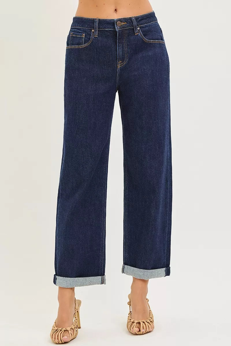 RISEN dark wash boyfriend jeans side view