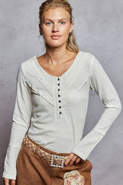 POL Ribbed Half Button Lace Detail Knit Top Ivory - Fashorio