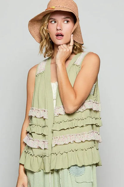 POL Ruffled Open Front Sleeveless Cardigan - Fashorio