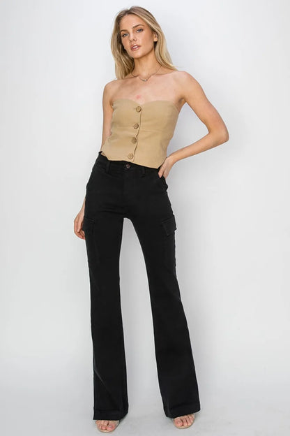 RISEN Full Size High Rise Side Slit Cargo Bootcut Jeans - Fashorio