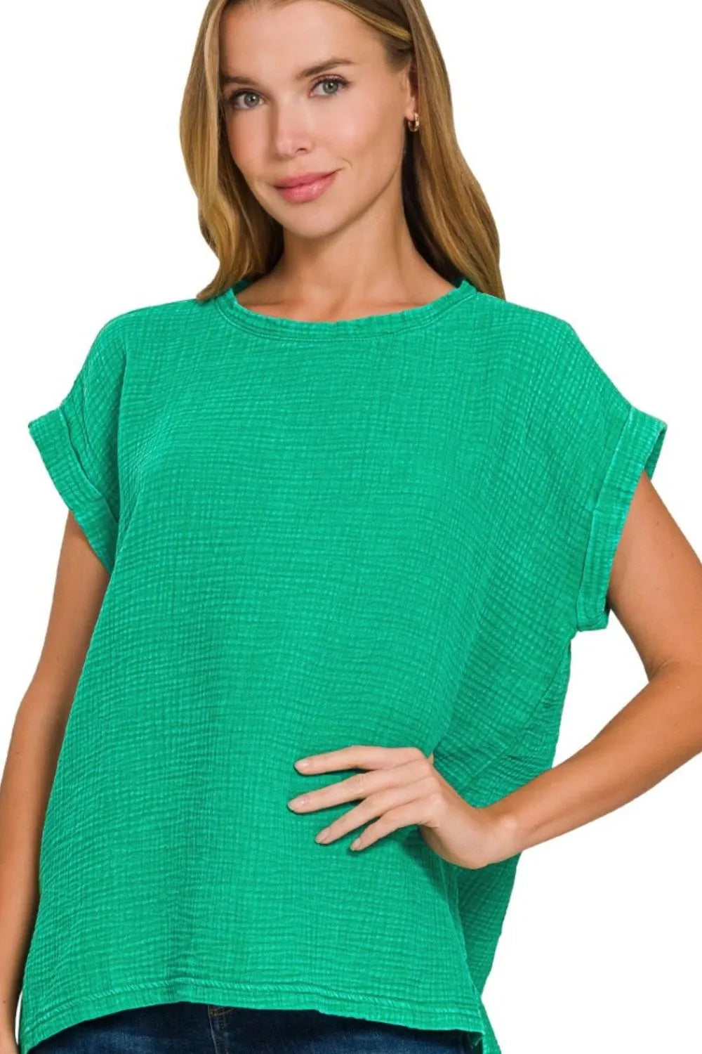 Zenana Woven Double Gauze Acid Washed Short Sleeve Top K GREEN - Fashorio