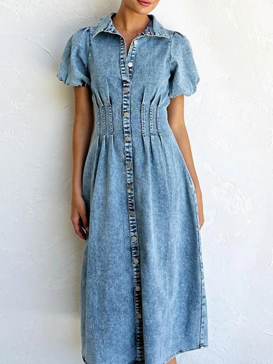 Puff Sleeve Button Front Denim Midi Dress Blue - Fashorio