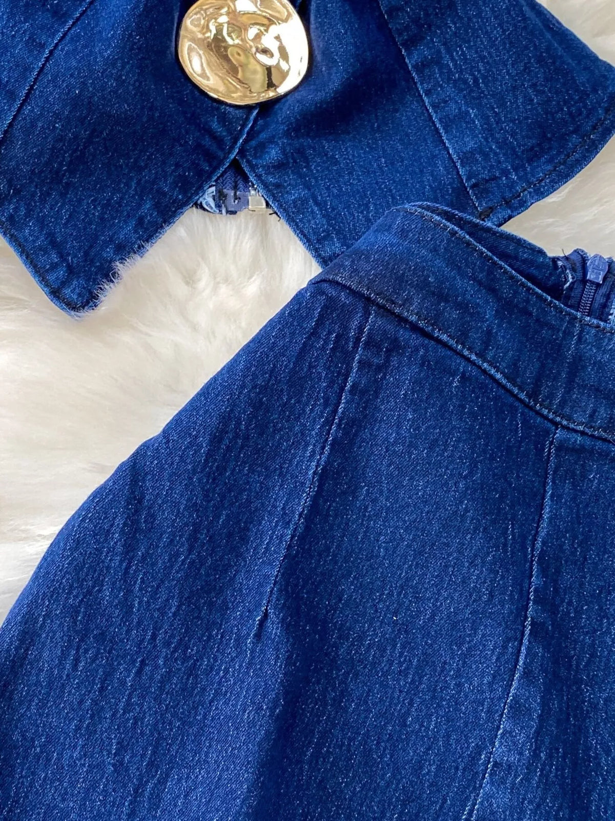Dark blue denim two piece set full look