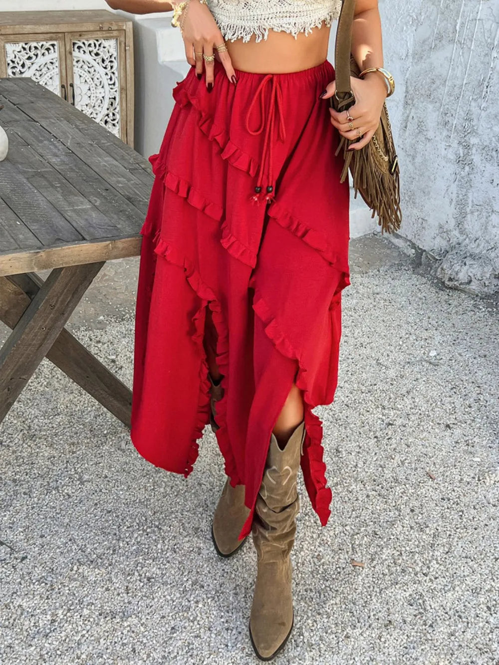 Slit Drawstring Ruffled Maxi Skirt, view 16