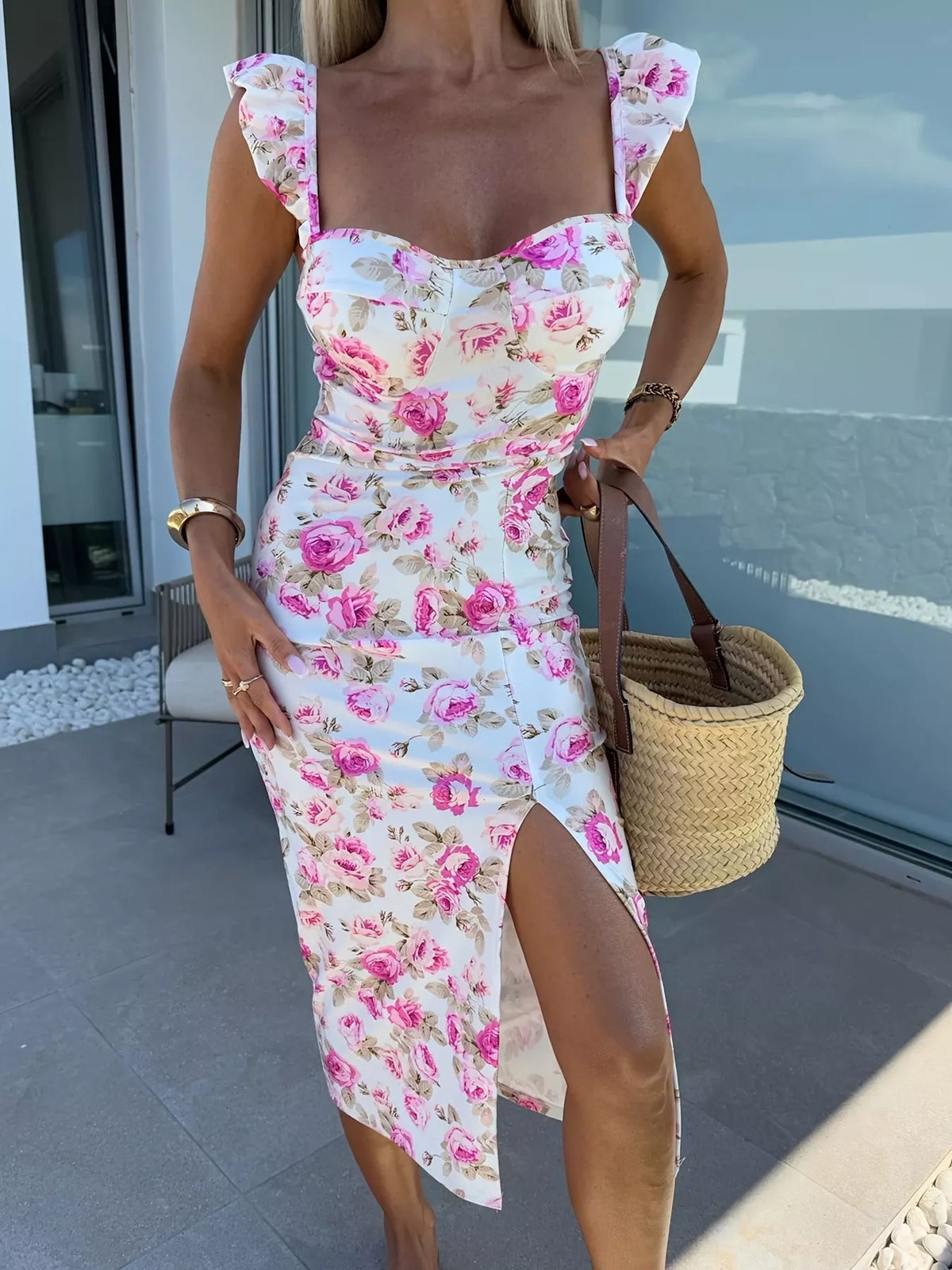 White sweetheart neckline midi dress