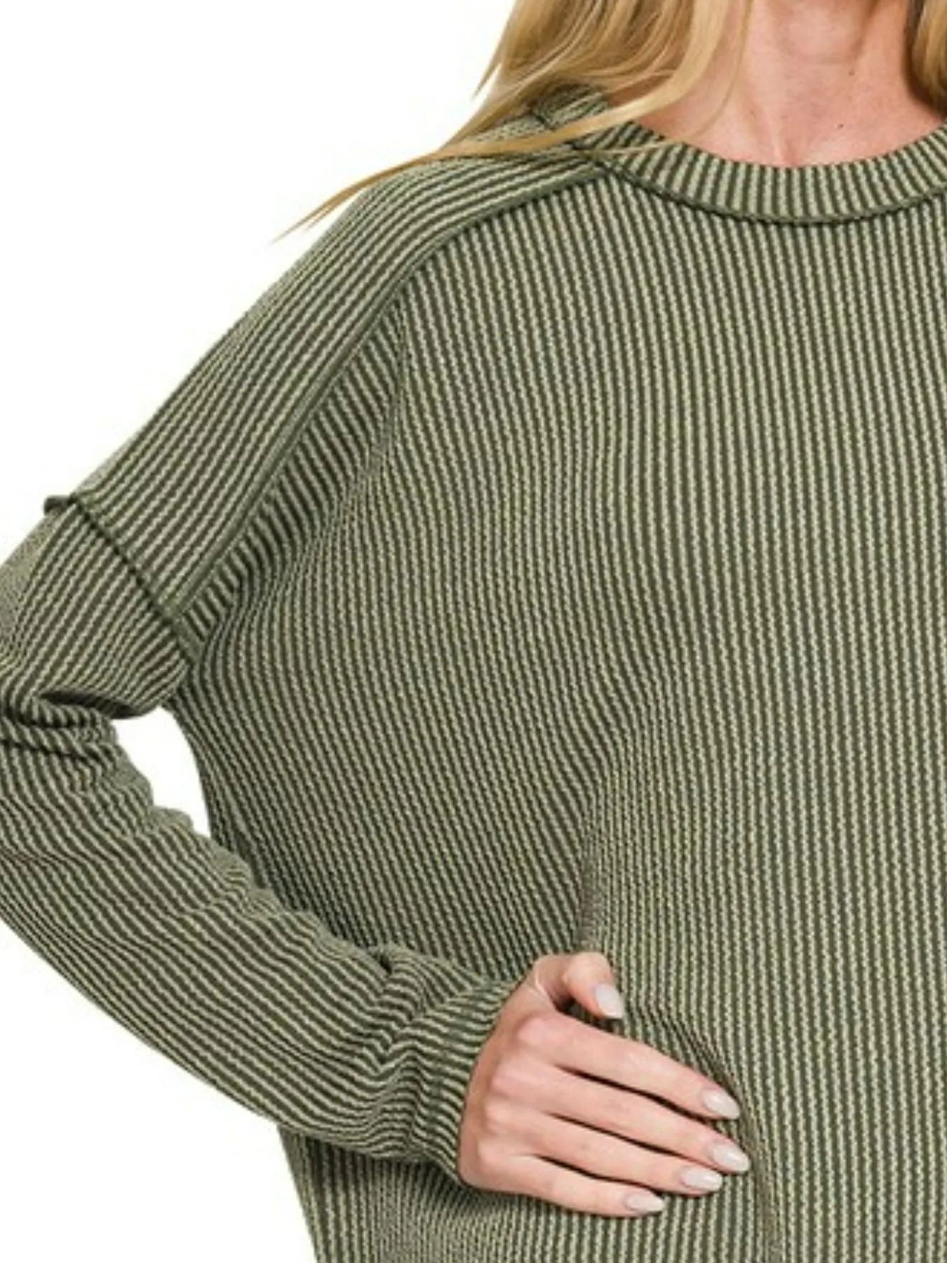 Zenana Full Size Exposed Seam Long Sleeve Corded Rib Knit Top Plus Size - Fashorio