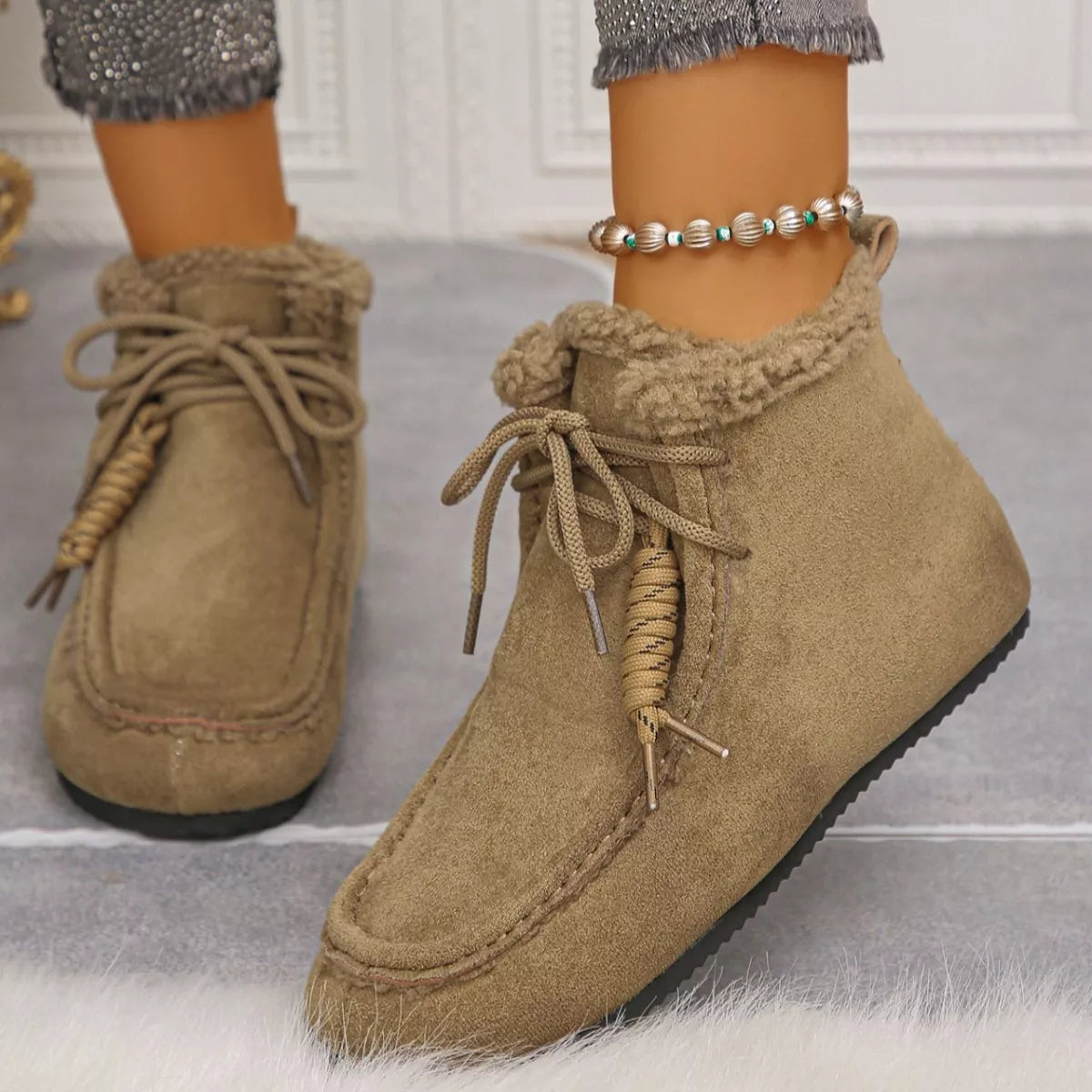 Lace up flat ankle boots upper texture detail