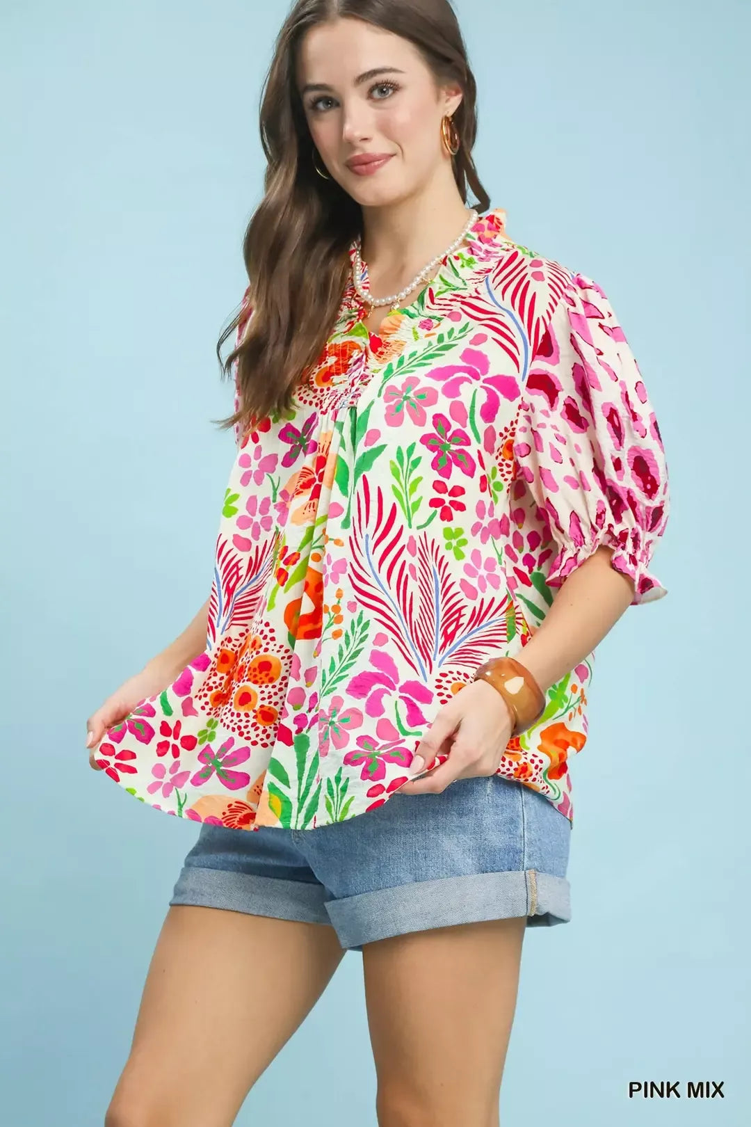 Umgee pink mix V neck ruffle puff sleeve top back view