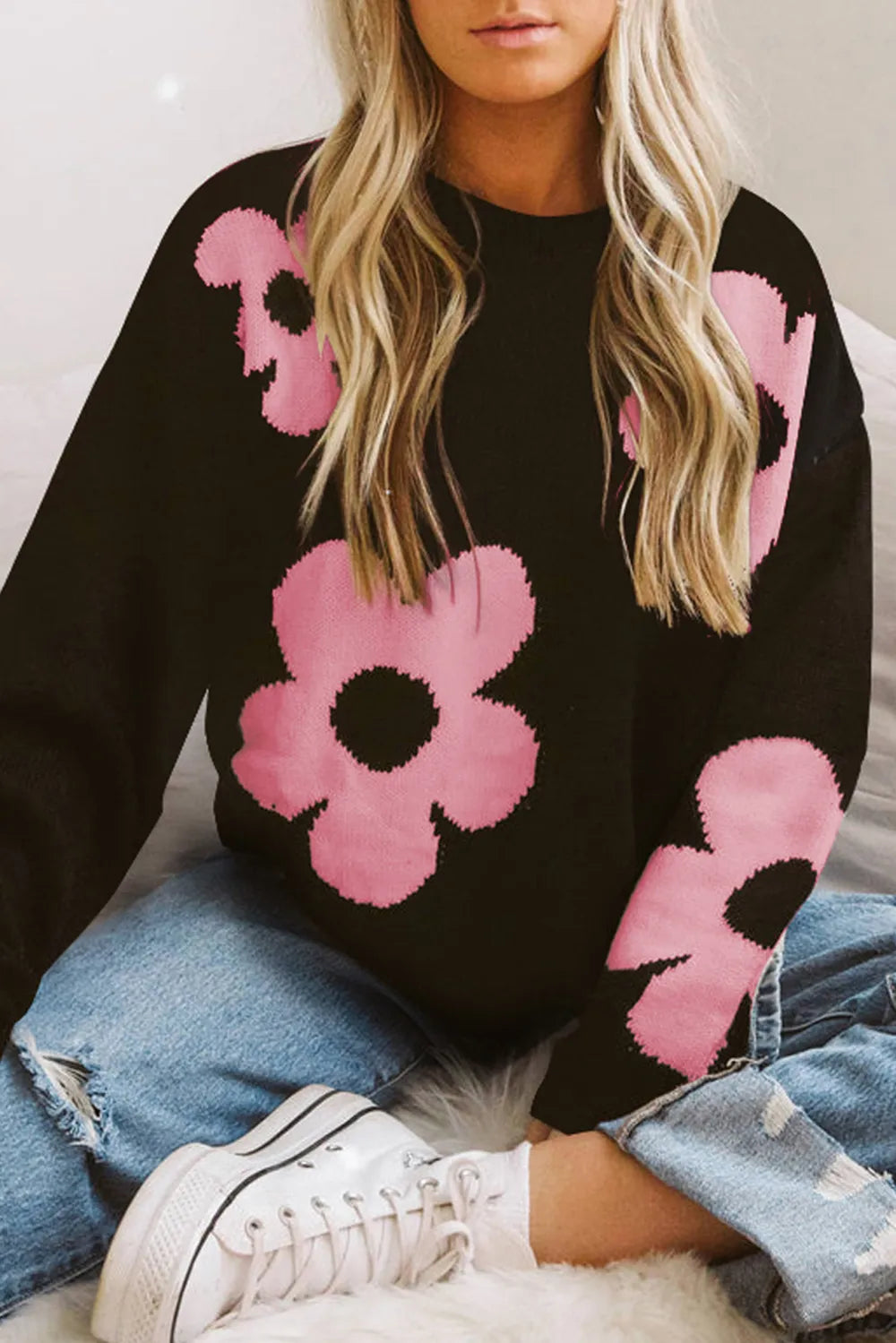 Round Neck Floral Pattern Color Contrast Design Long Sleeve Sweater - Fashorio
