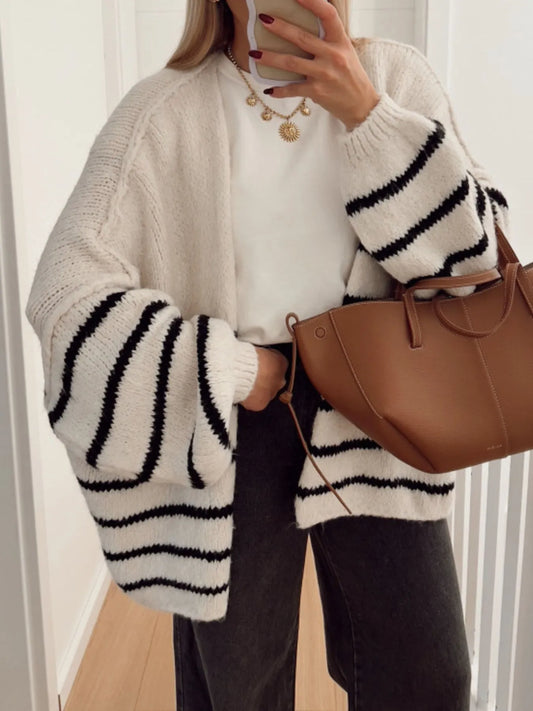 Striped Open Front Dropped Shoulder Cardigan Apricot - Fashorio