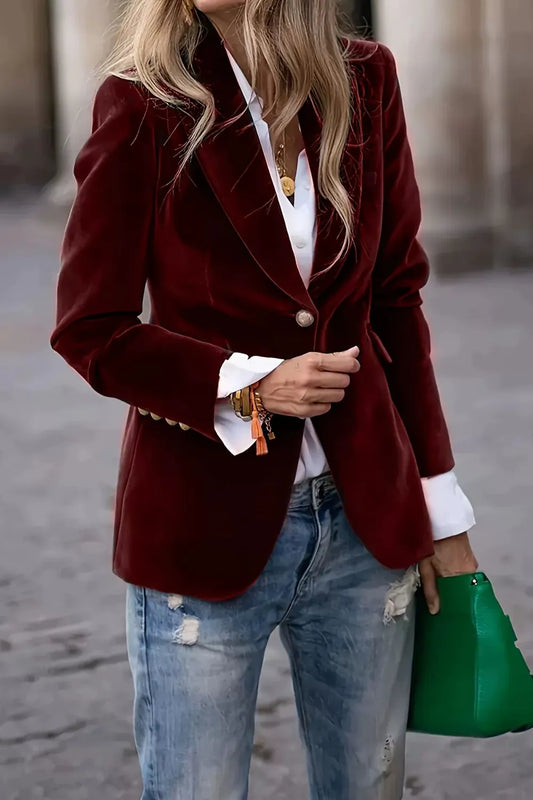 Lapel Collar One Button Blazer Burgundy - Fashorio
