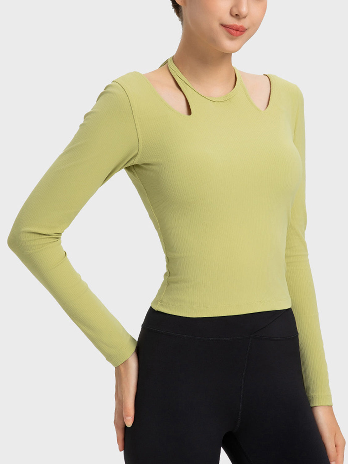 halter neck long sleeve active top detail of straps