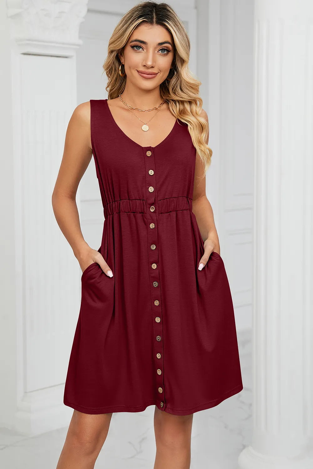 Buttoned Wide Strap Mini Dress - Fashorio