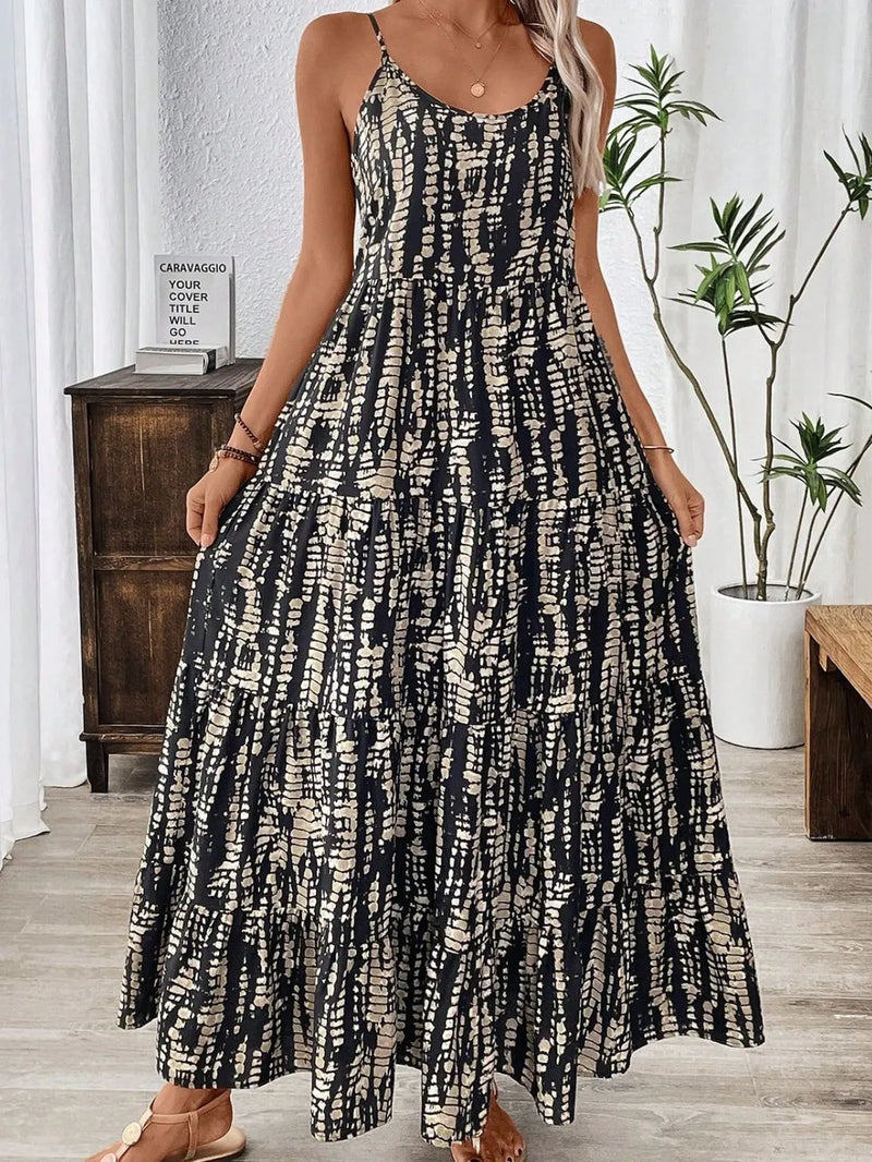 Printed scoop neck maxi cami dress front view