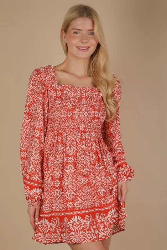 Printed Smocked Chest Boho Mini Dress
