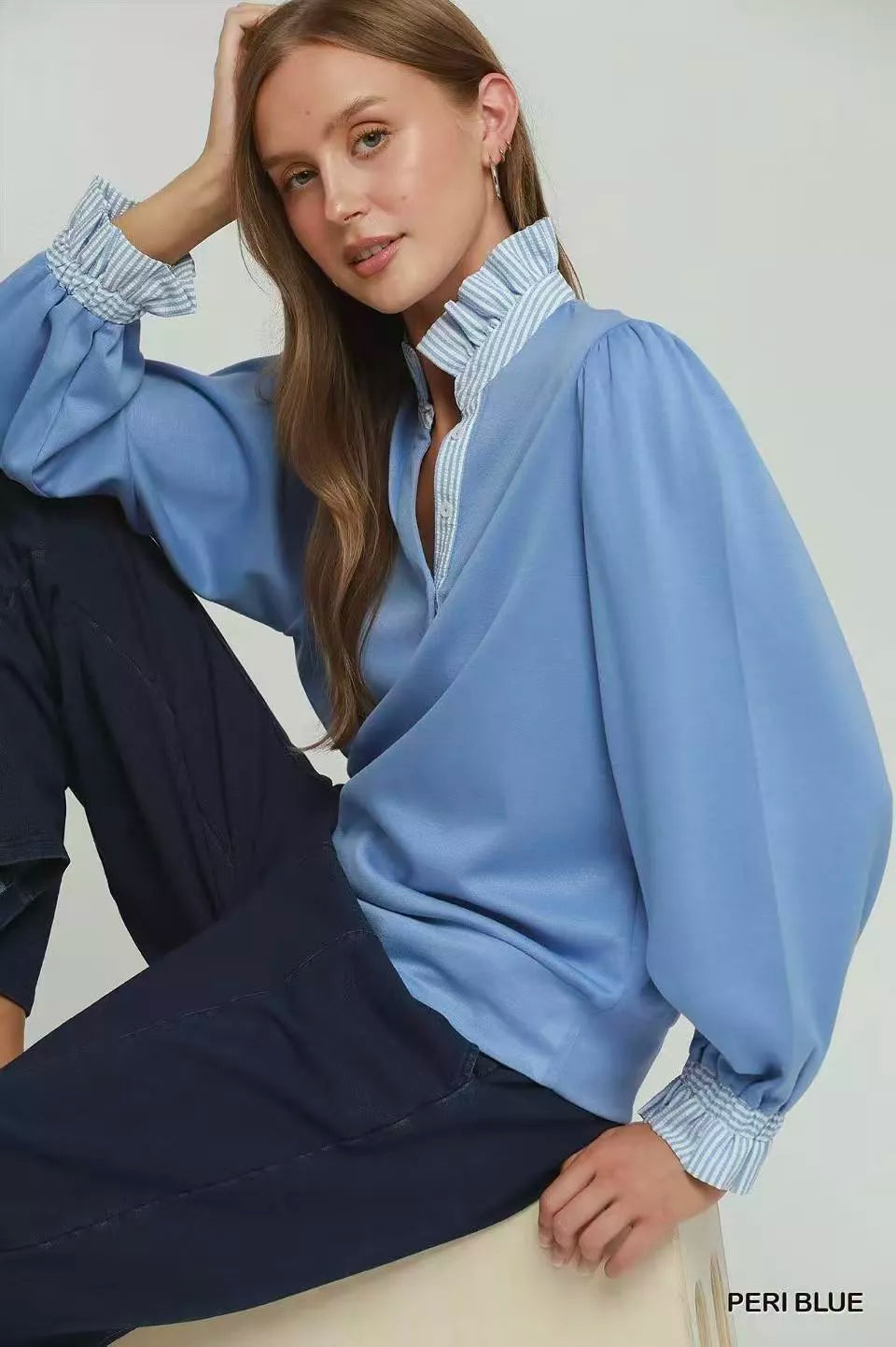 Umgee periwinkle blue striped ruffle neck top, full length view