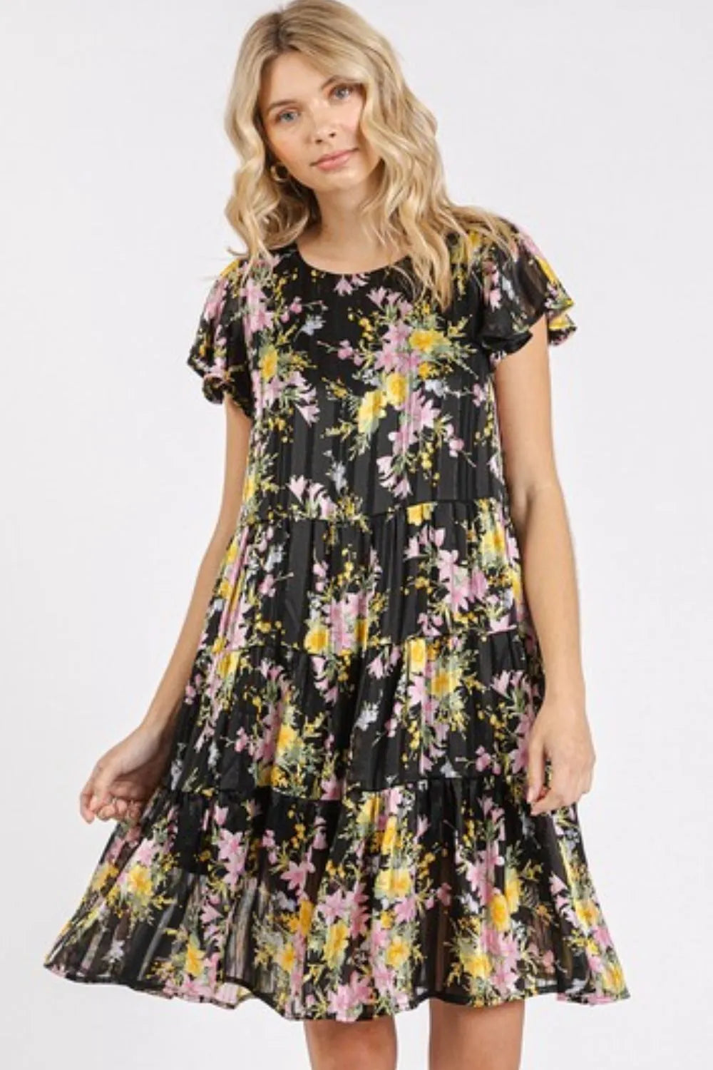 Flower Print Round Neck Flutter Sleeve Tiered Dress