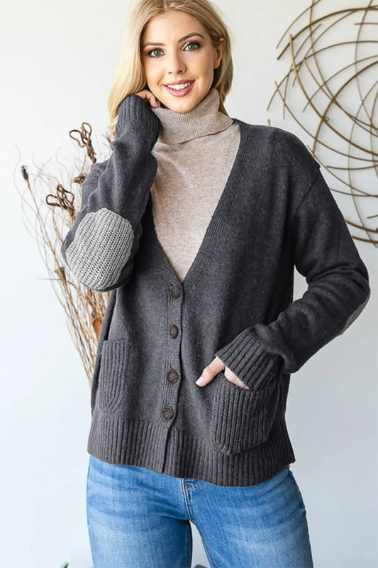 Heimish Full Size Long Sleeve V Neck Button Down Cardigan Dark Gray - Fashorio