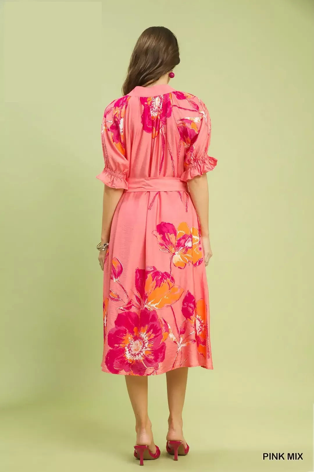 Floral Flounce Sleeve Midi Dress with Belted detail