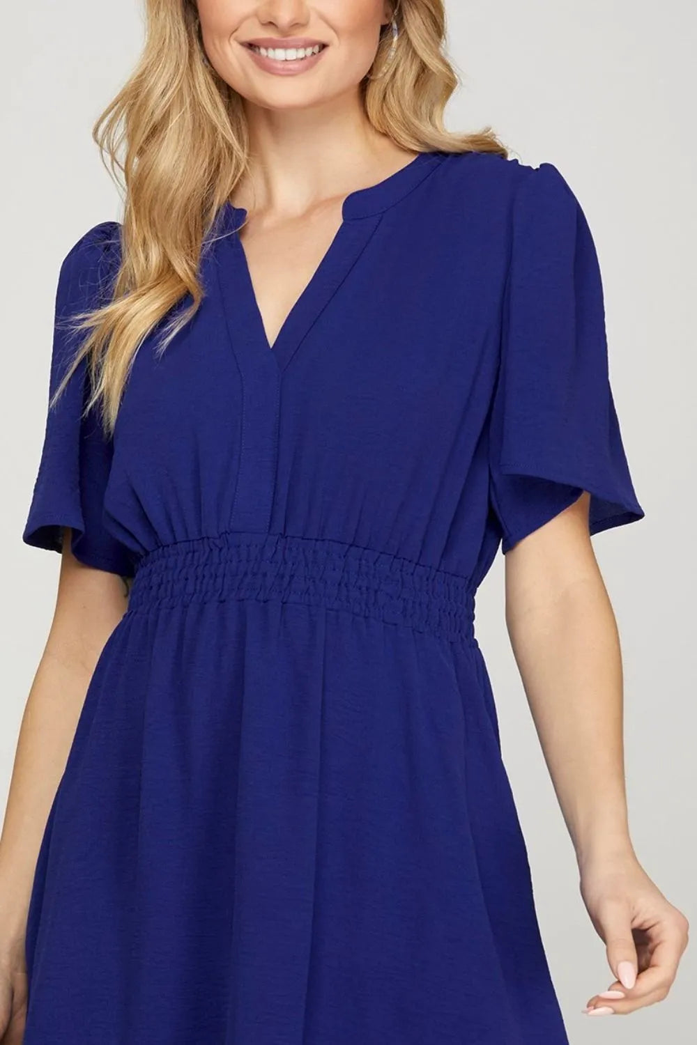 Ruffled Hem Notched Flutter Sleeve Mini Dress side view