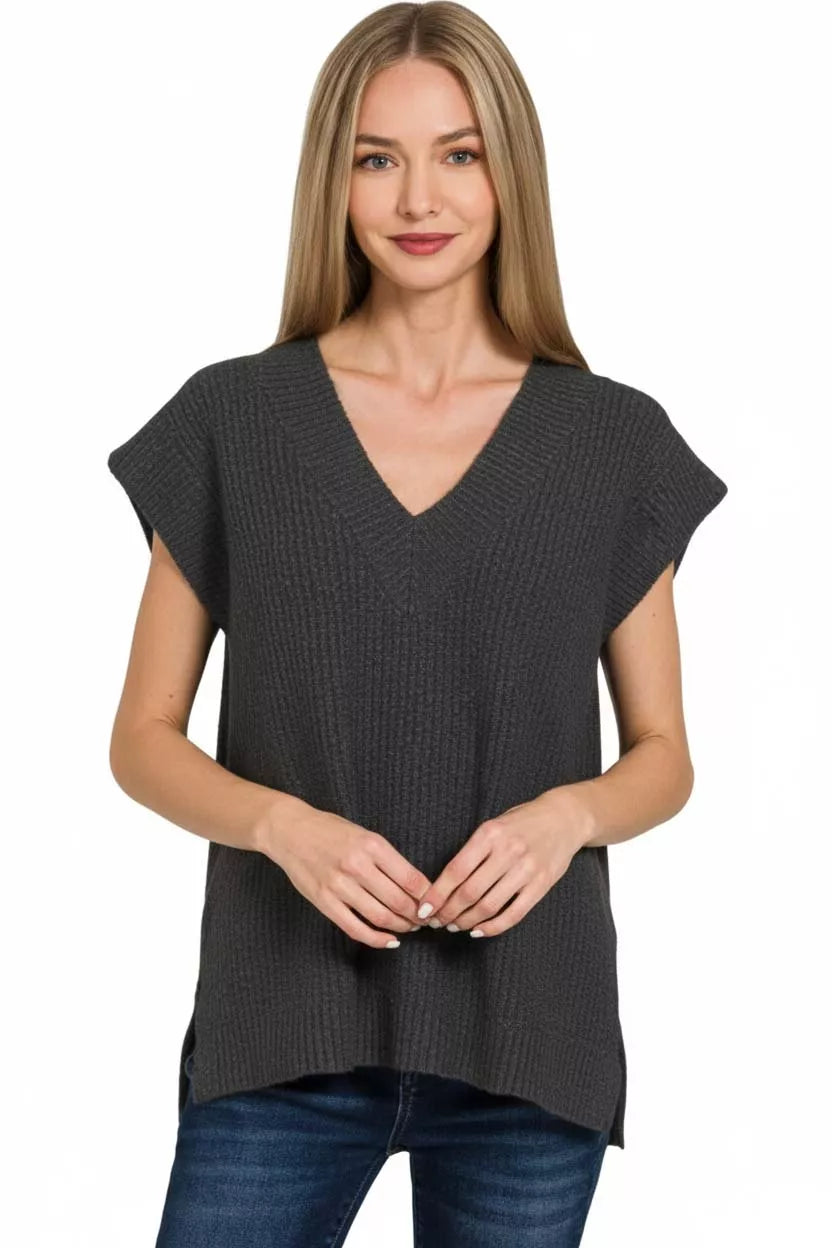 Ribbed Side Slit V Neck Sweater Vest in Black side view