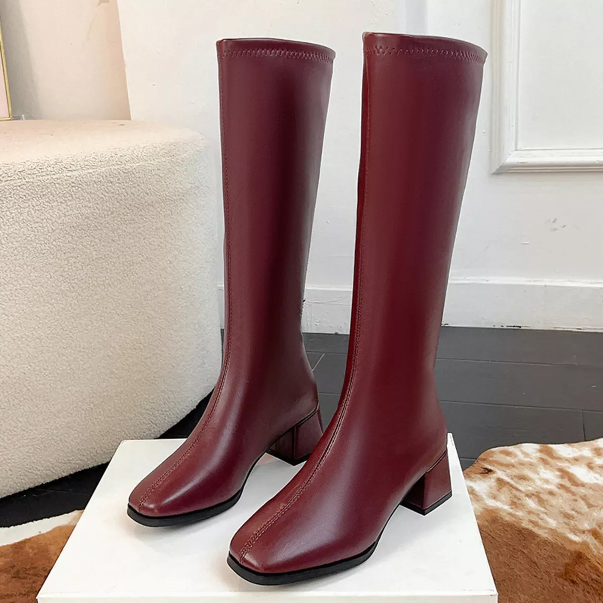 Square toe block heel boots, zipper detail