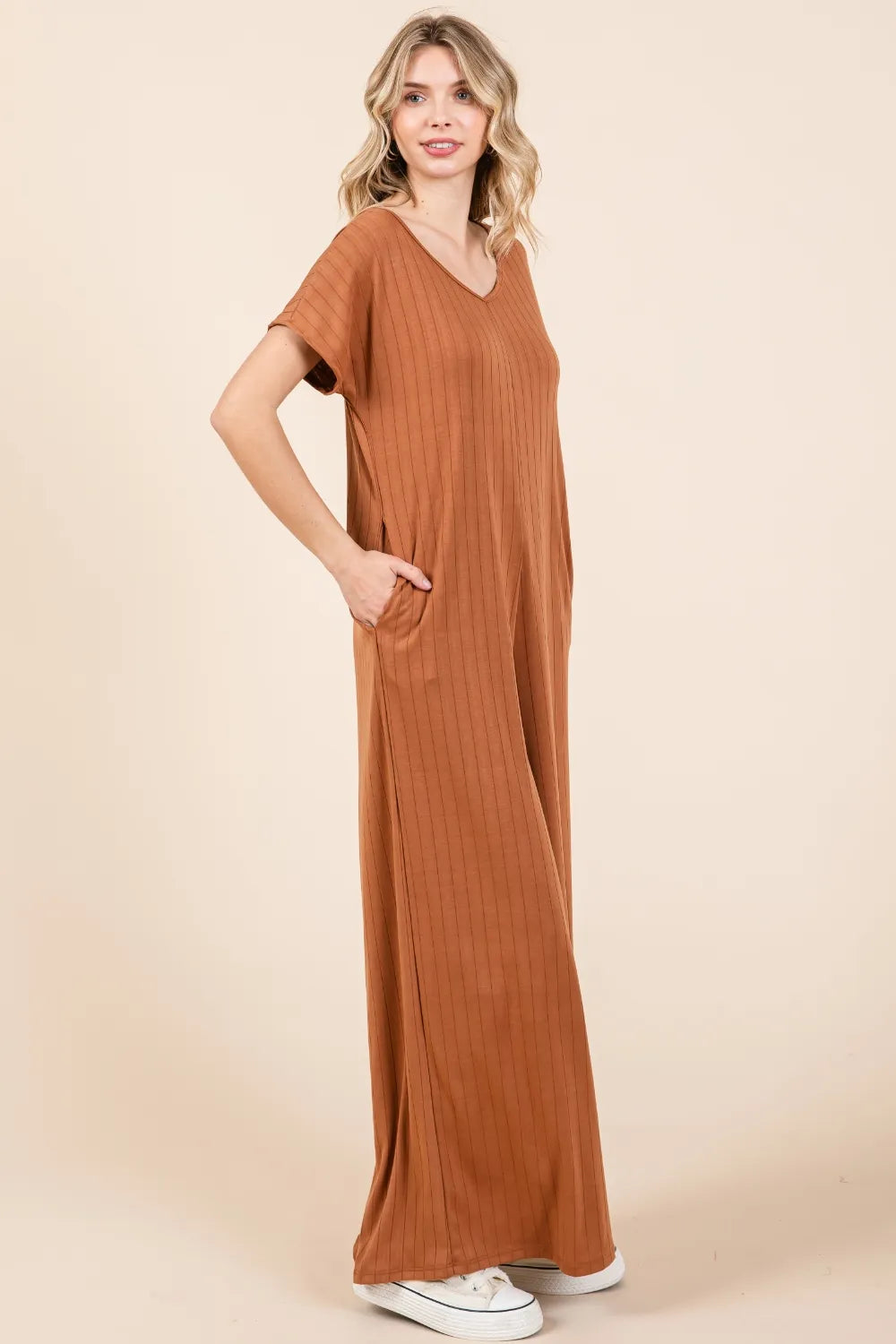 Ribbed Short Sleeve Wide Leg Jumpsuit back view