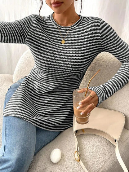 Side Slit Striped Long Sleeve T-Shirt Black - Fashorio