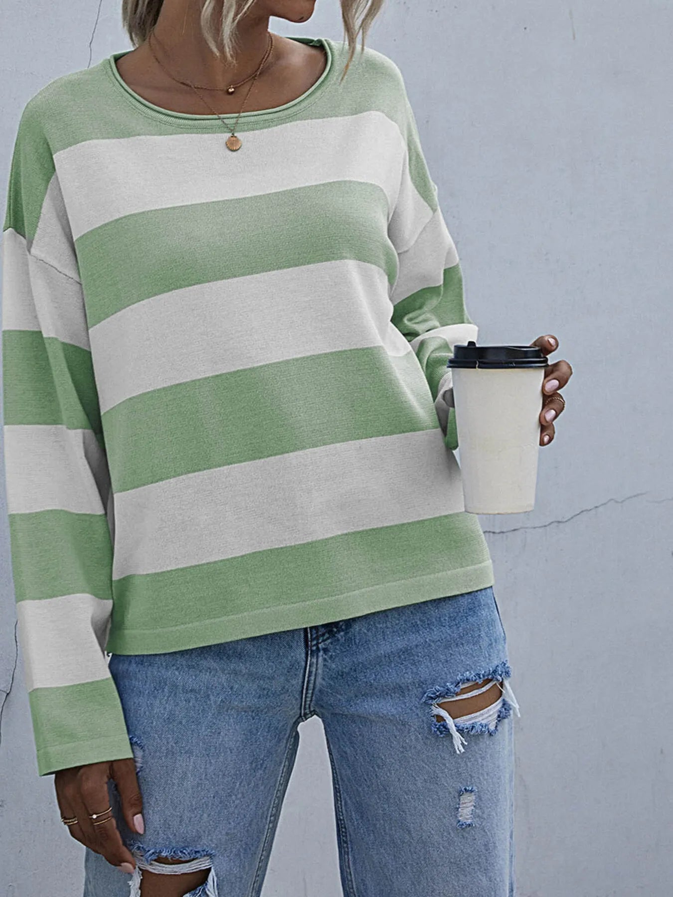 Striped Casual Long Sleeve Knit Top - Fashorio