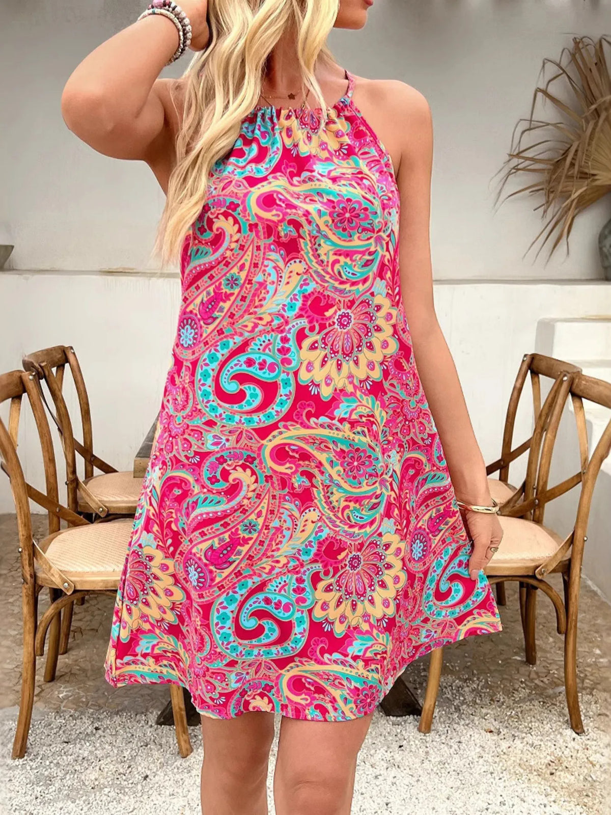 Paisley halter dress neckline detail