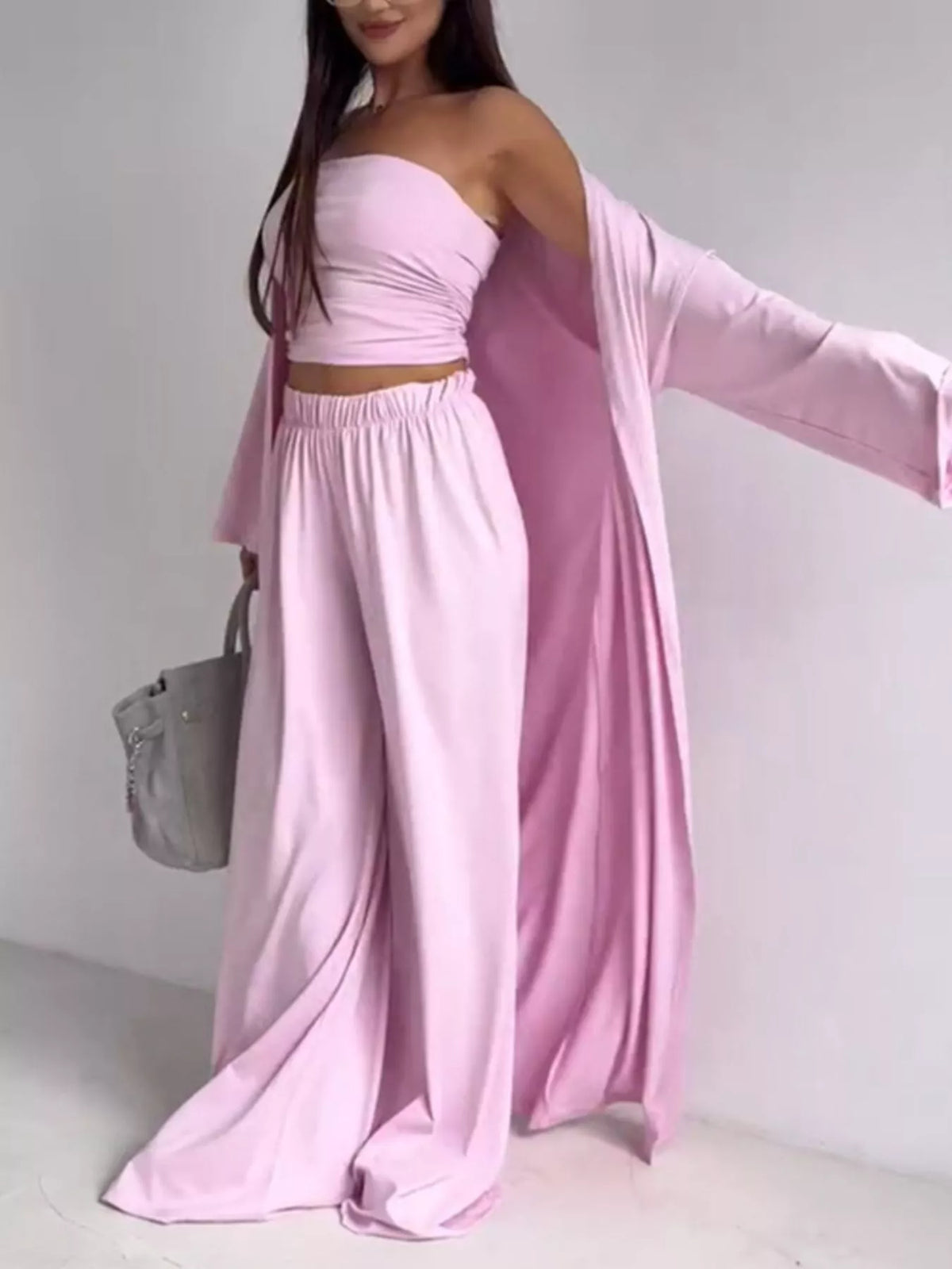 Tube top and cardigan and wide leg pants matching set
