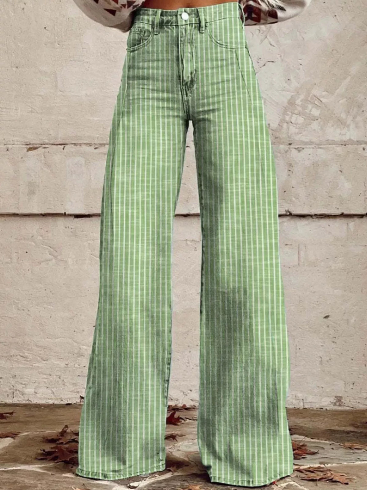 Striped high waisted wide leg jeans front view