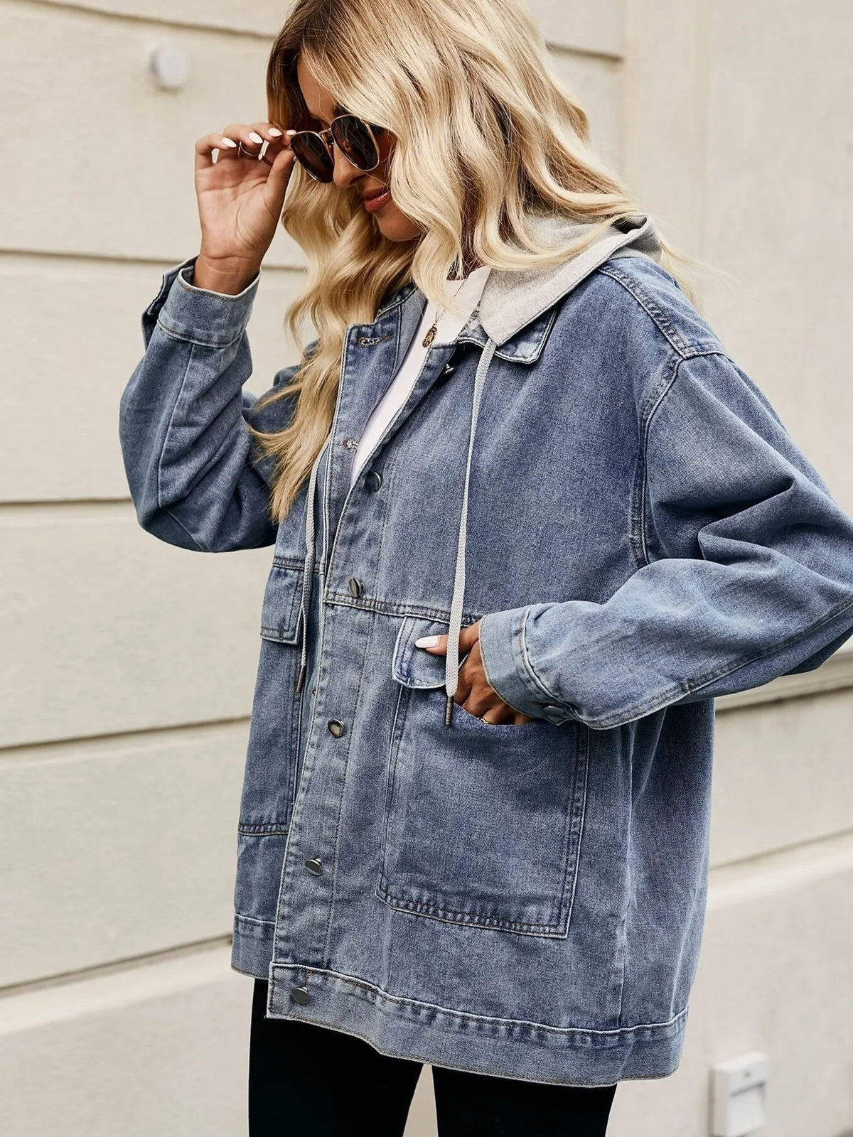 Oversized Hooded Denim Jacket in Light Blue view 11