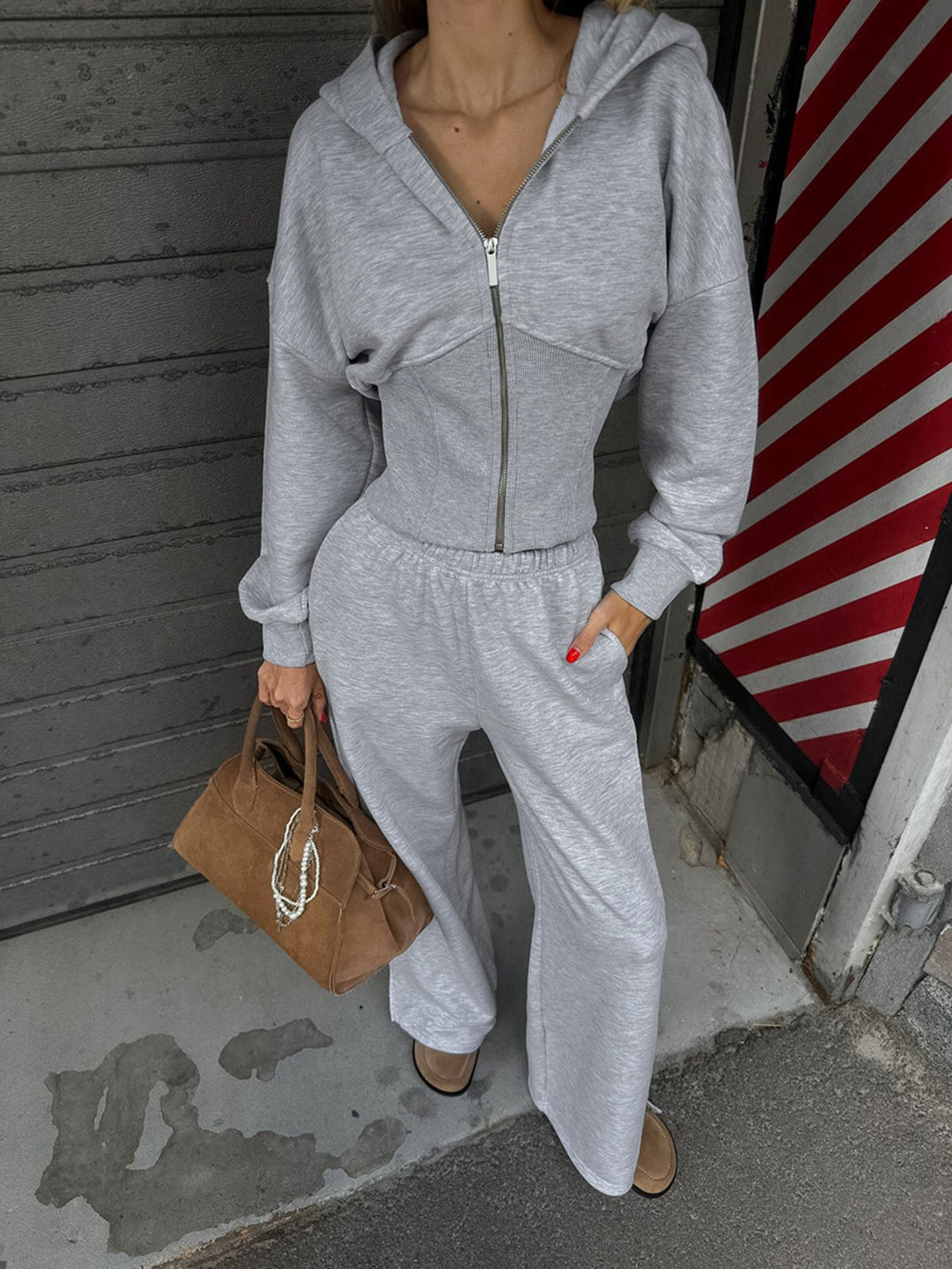 Wide leg pants set matching hoodie detail