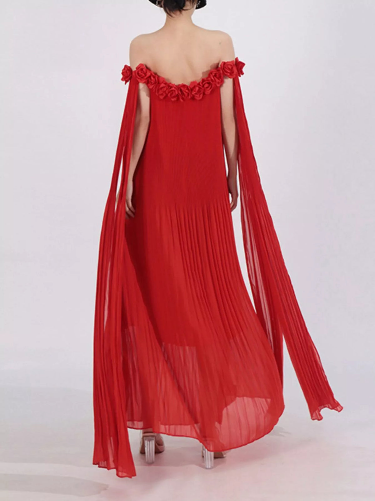 off shoulder floral pleated maxi dress hem detail